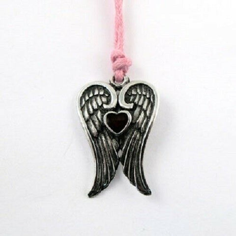 Irish Pewter Angel with Red Stone Heart Wings Pendant with Adjustable Pink Cord