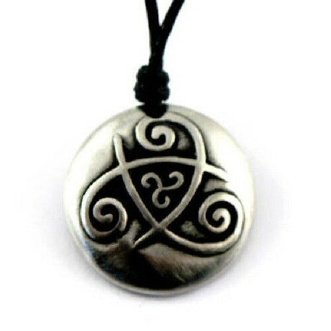 Irish Pewter Celtic Triskele of Existence Pendant on Adjustable Black Cord