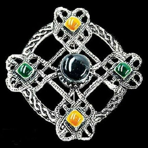 Pewter Celtic Brooch with carnelian, onyx and green enamel